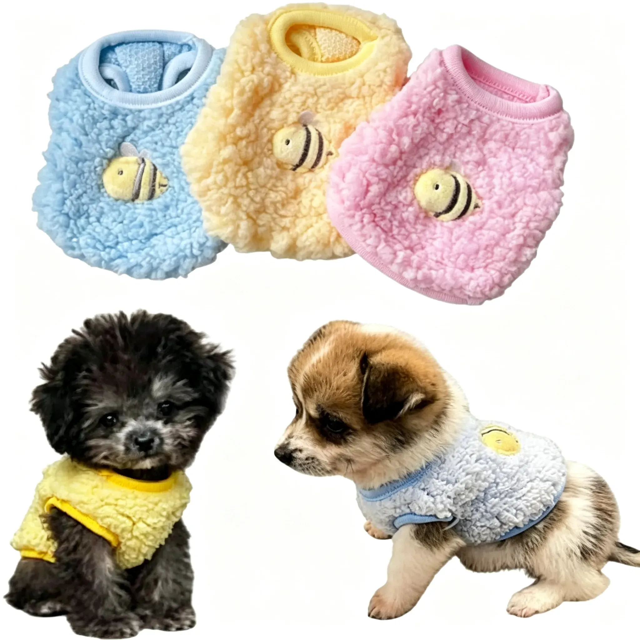3-Piece Bee Fleece Sweater Set for Teacup Dogs, 2XS (3-Pack)
